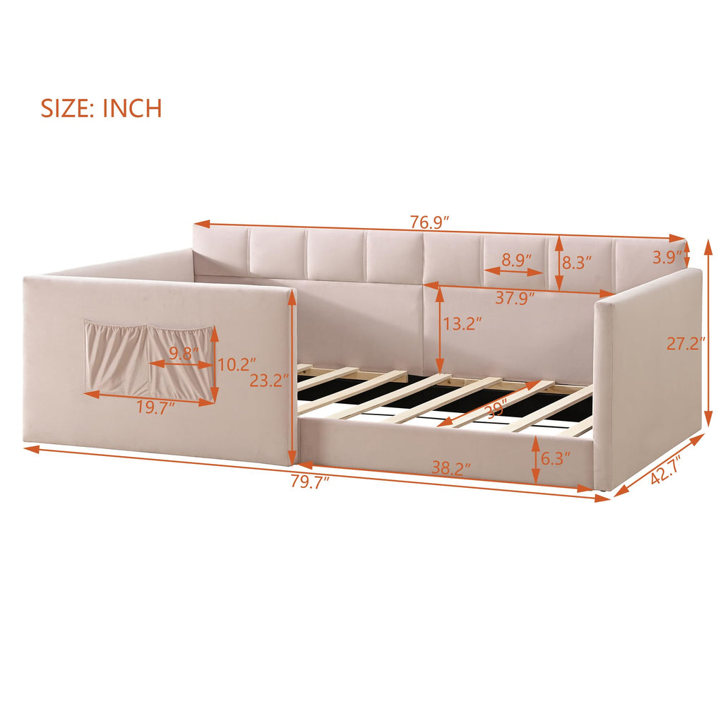 Twin Daybed Velvet Upholstered Sofa Bed with High Guardrail and Side Entrance, Space-Saving Twin Floor Day Bed with
