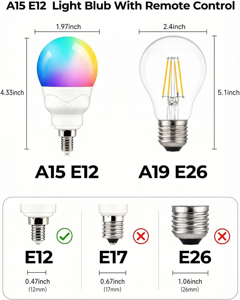 E12 LED Light Bulbs (40w Equivalent) 5W, Color Changing RGB, A15 Small Base Candelabra Round Light Bulb, Candle Base