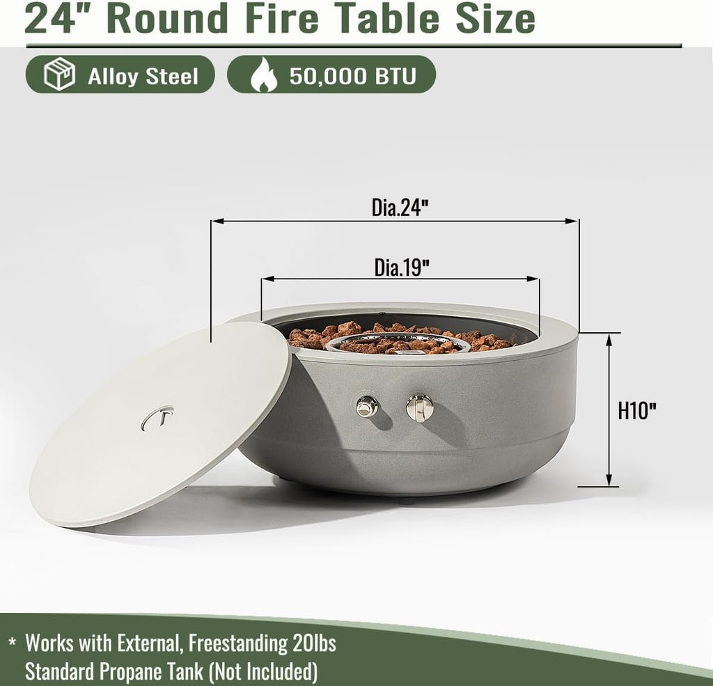 24 Inch Propane Fire Pit Bowl, 50000 BTU Round Steel Gas Fire Pit with Lid, Portable Outdoor Fire Table