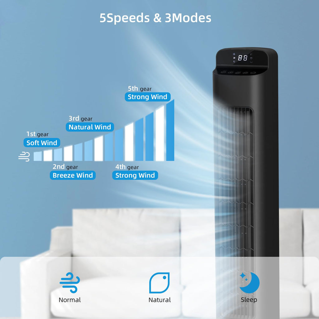 Portable Tower Fan, 80°Oscillation Fan, with Remote Control, Standing Bladeless Fan, 5 Speeds and 3 Modes, Low Noise