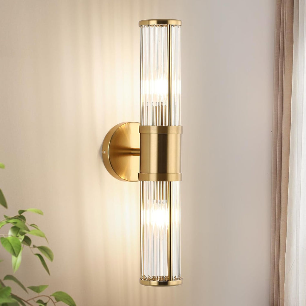 Brushed Brass Vanity Light Fixture 1 Pack, Dual Glass Rods Wall Sconce , Double Light Socket E12 Candelabra Base