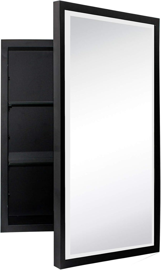 Black Metal Framed Recessed Bathroom Medicine Cabinet with Mirror Rectangle Beveled Vanity Mirrors for Wall 16 x 24