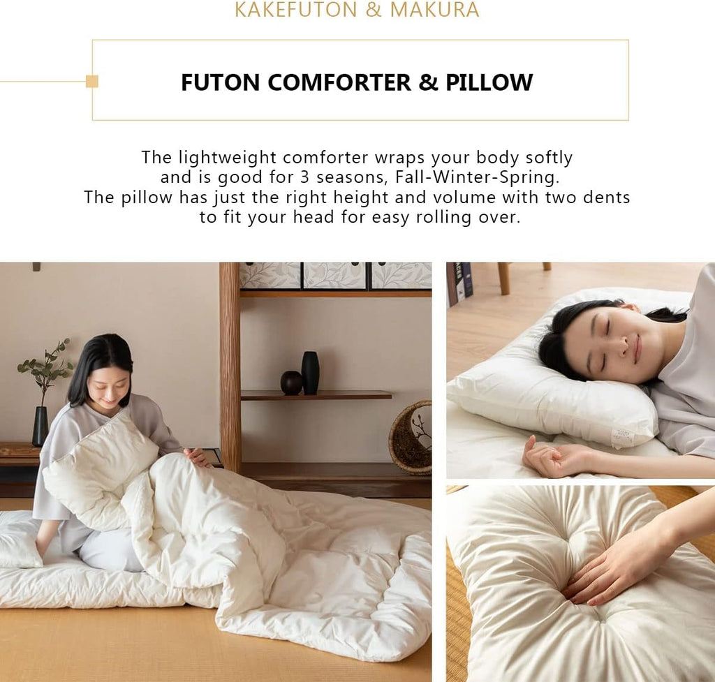 Space-Saving Japanese Futon Set (Futon Mattress, Comforter & Pillow) Compact-Twin, Made in Japan, Foldable Floor
