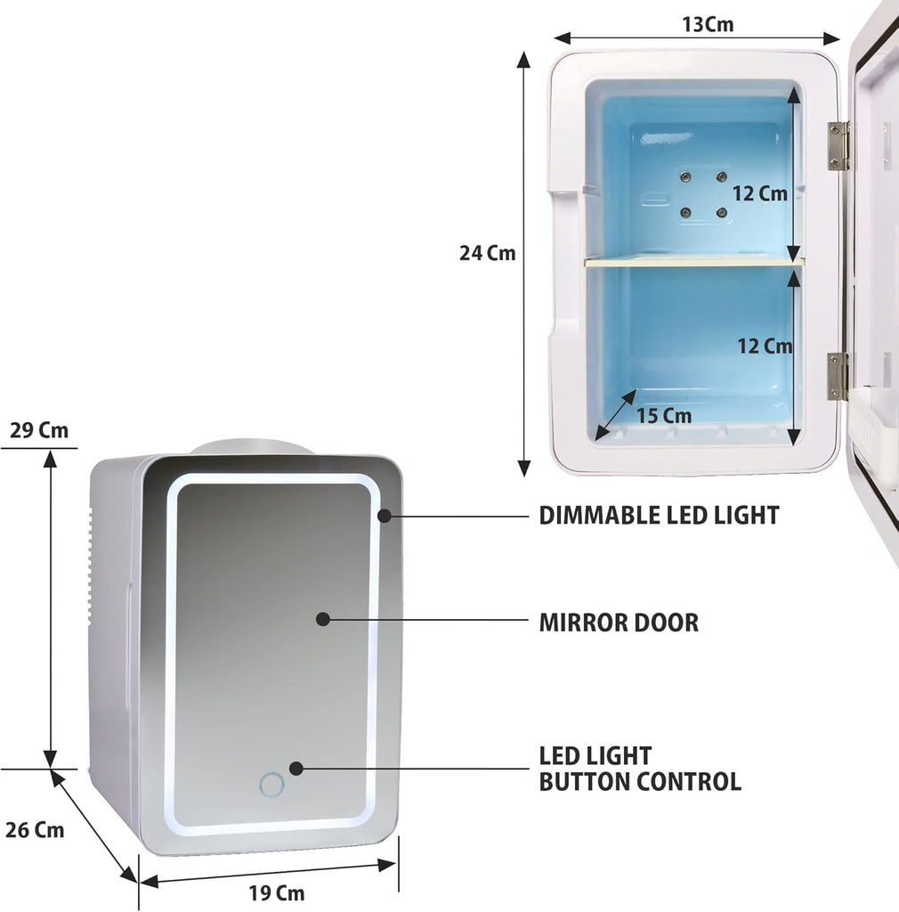 Mirrored LED Mini Cooler/Mini Fridge for Cosmetics, Beverages, Food, or Medicines (6 Liters/6.3 Quarts)