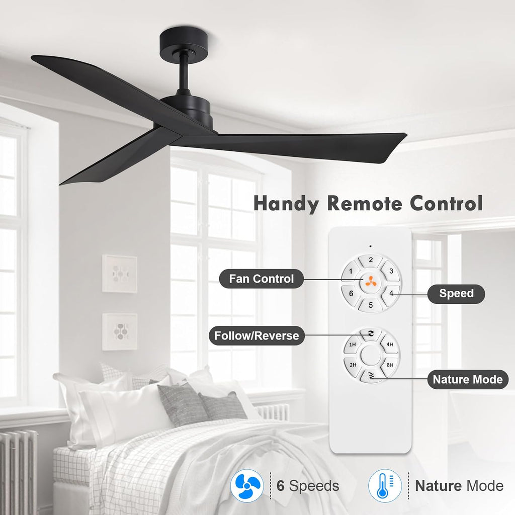 Inspired Adler Style 52" DC Ceiling Fan Without Light, 3 Sculpted ABS Blades, 6-Speed Remote - Matte Black