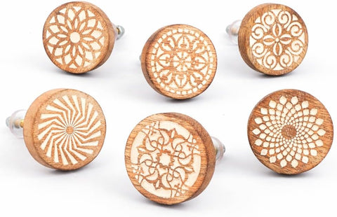 6 Pieces Boho Wooden Drawer Knobs - Brown Floral Knobs - Round Cabinet Knobs