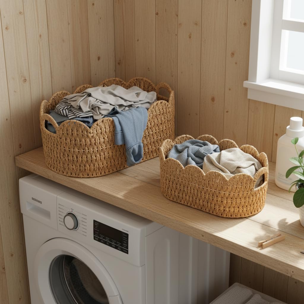Paper Rope Scalloped Basket Set of 2, Wicker Storage Baskets for Shelves, Gifts, Books, Toys, Cute Decor Rattan Baskets
