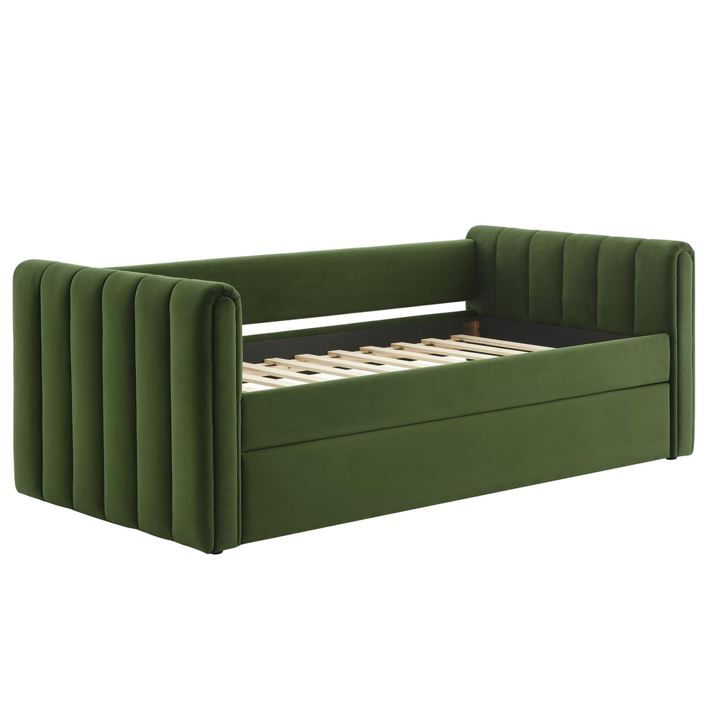 Veyla Twin Size Performance Velvet Daybed in Moss Green with Trundle - Channel Tufted Upholstered Sofa Bed with Wood