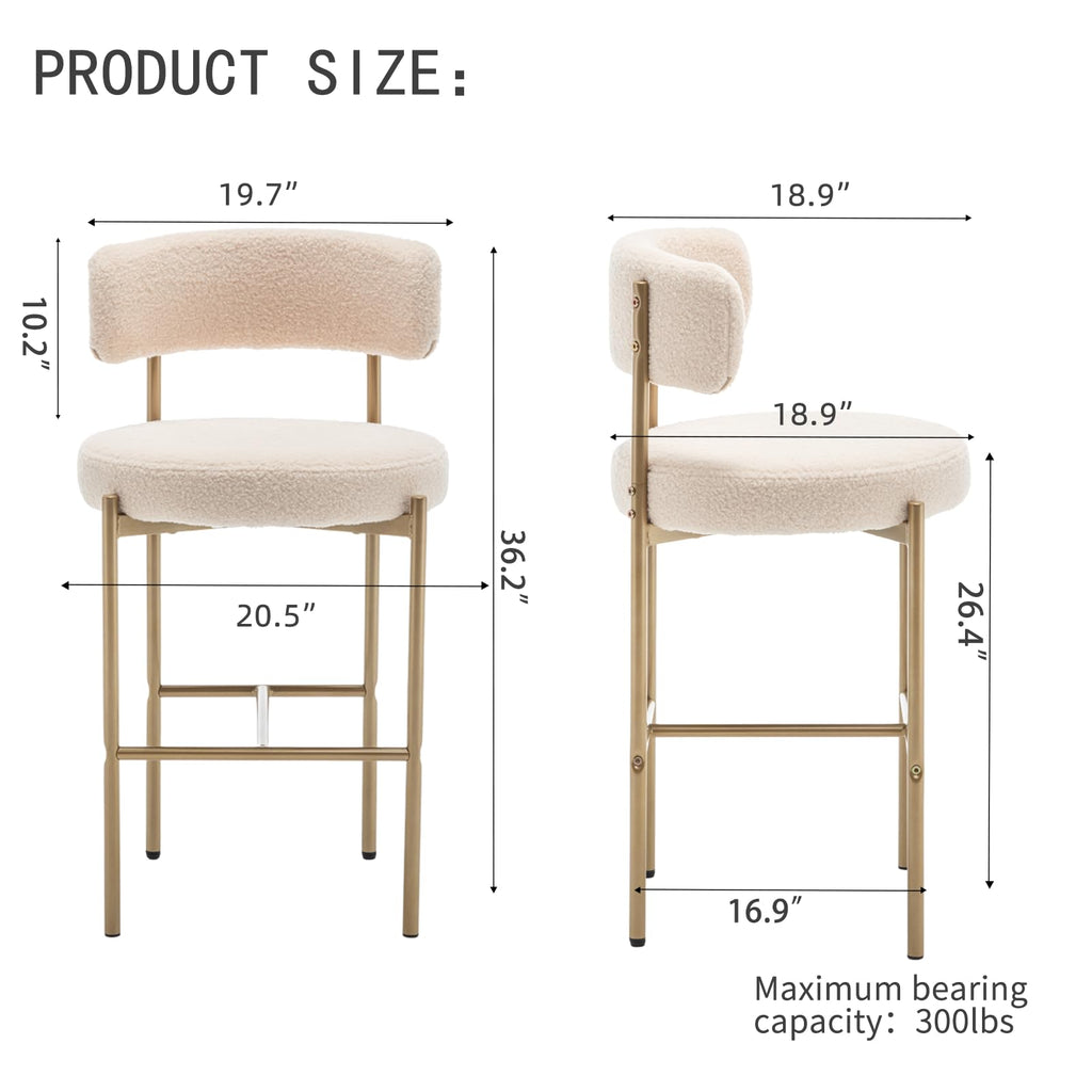 Gold Boucle Bar Stools Set of 2, 26" Modern Counter Stools with Backs, Beige Upholstered Barstools Island, Bar, Cafe