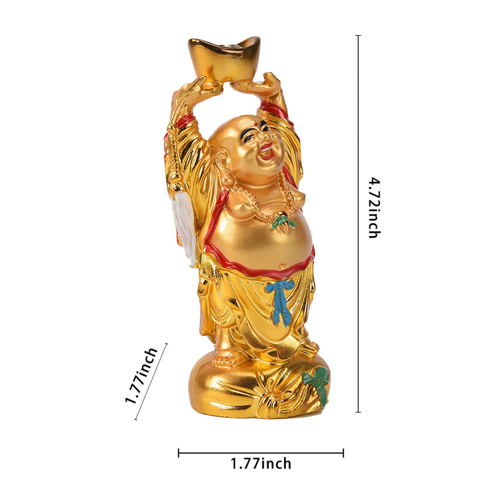 Resin Feng Shui Golden Laughing Buddha Holding Ingot Statue 4.7in(H)