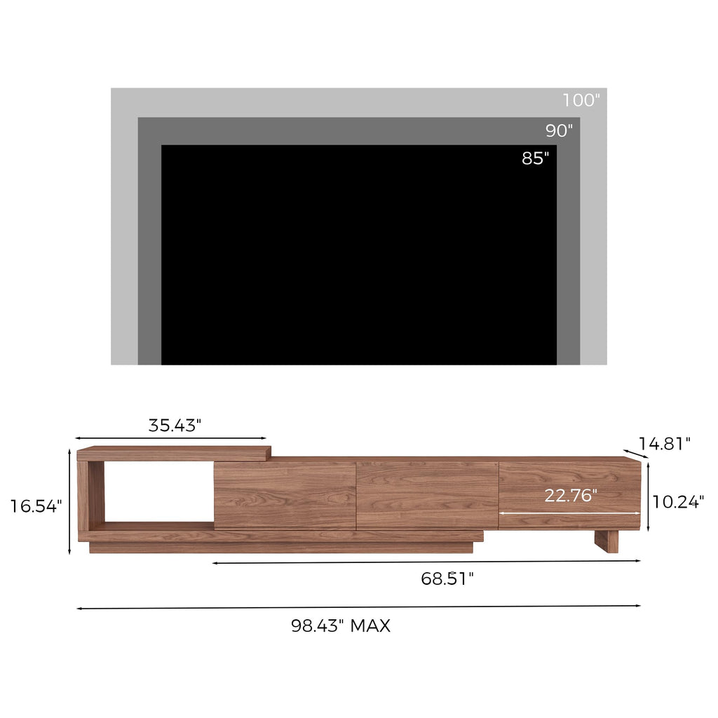 Extendable TV Stand for 65-100 Inches TVs - Walnut Entertainment Console with 3 Drawers & 1 Storage Compartment