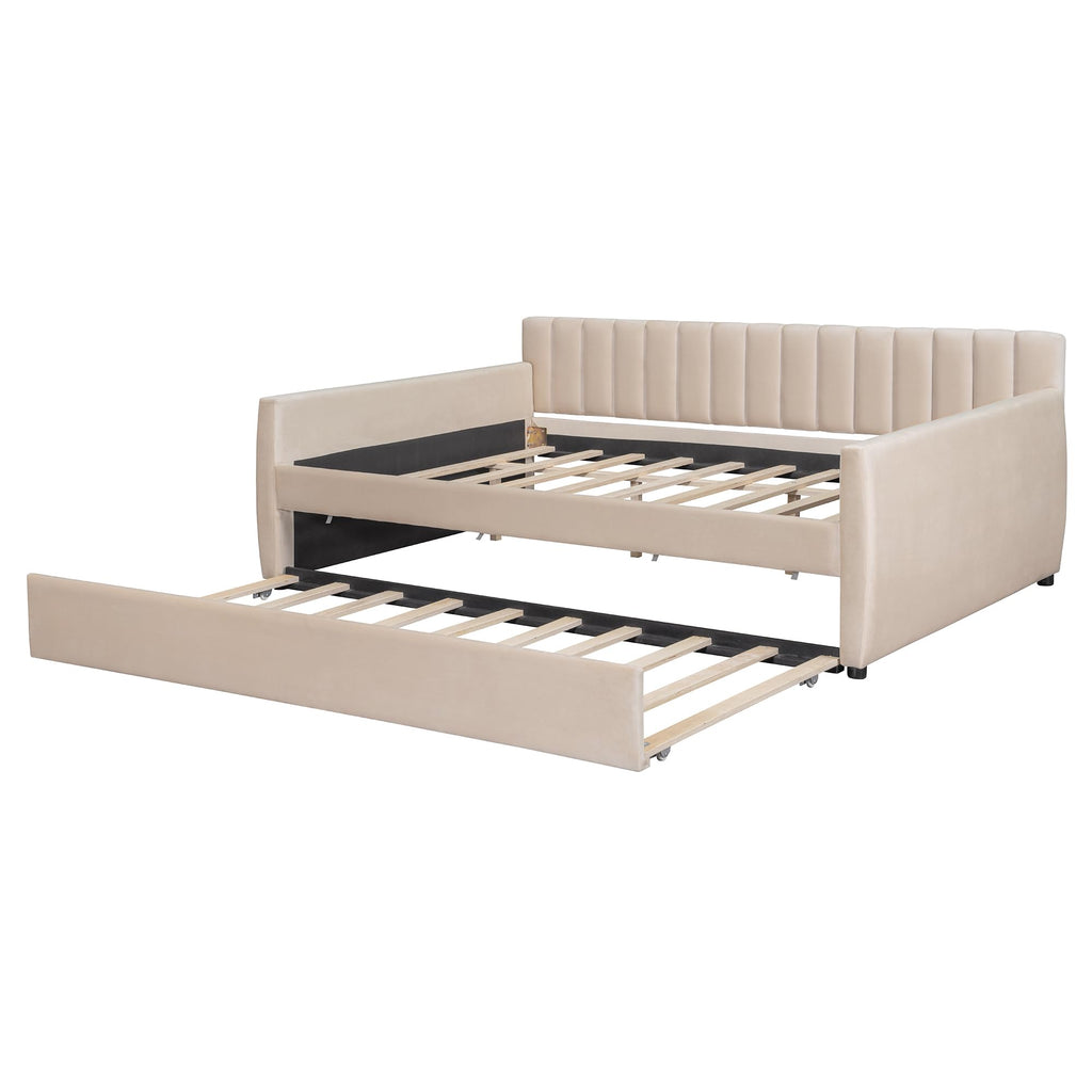 Full Size Daybed with Trundle, Upholstered Day Bed Frame Velvet Sofa Beds with Vertical Channel Tufted Headboard