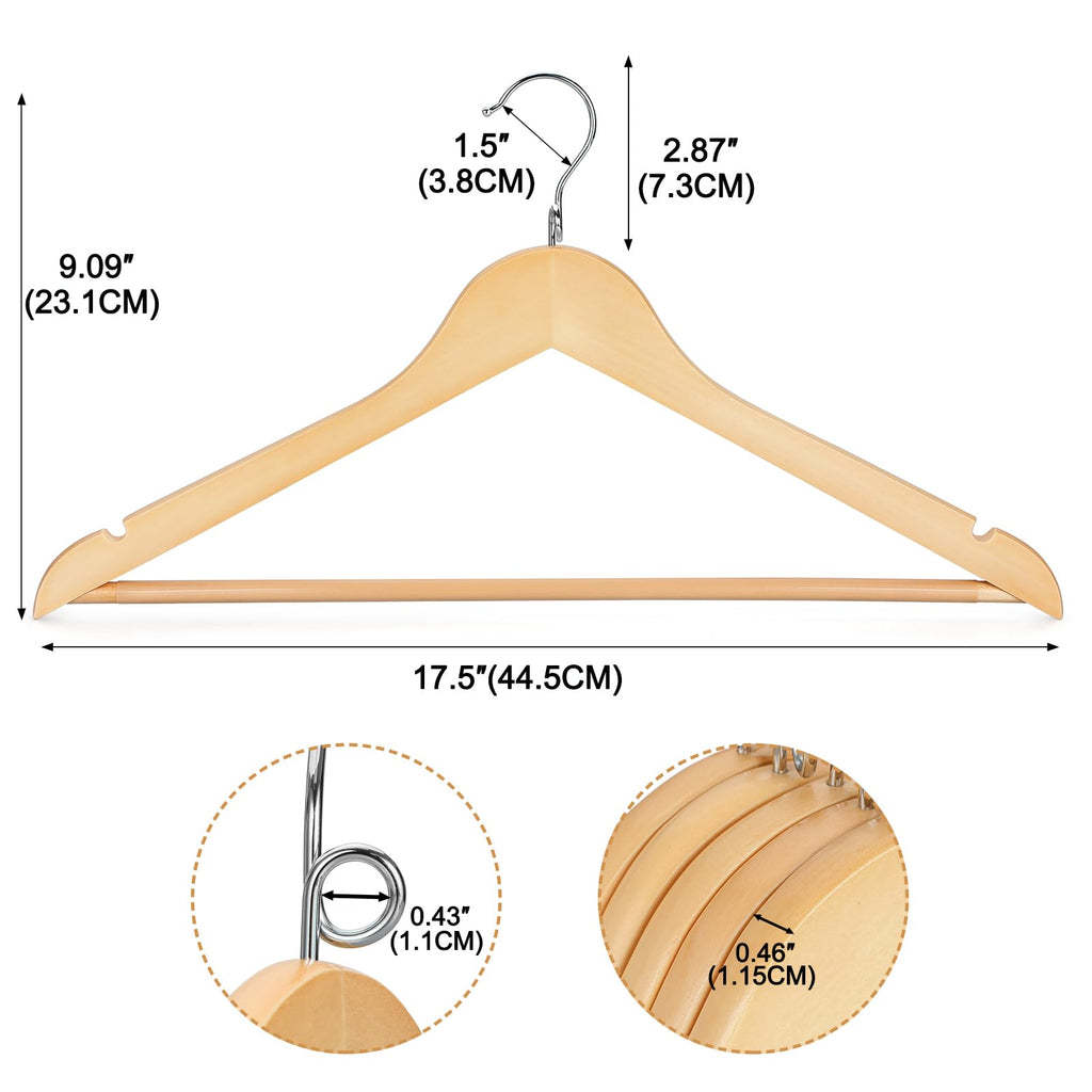 Space Saving Cascading Wooden Hangers 30 Pack, Coat Hanger with 360° Swivel Loop Hook, Non Slip Pants Bar and