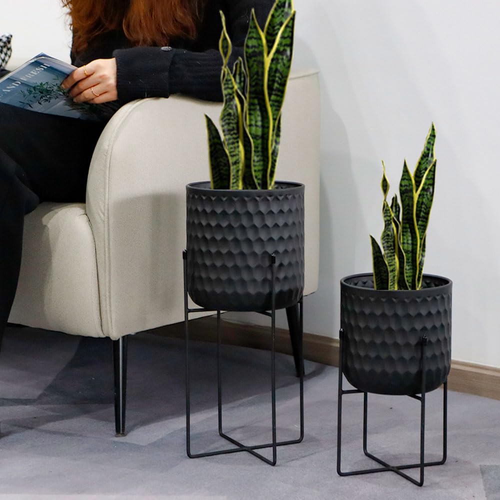 Set of 2 Planters with Stand Indoor Otdoor Metal Plant Stand 8 * 8 &7 * 7 "Modern Planters Flower Pots Corner Kitchen