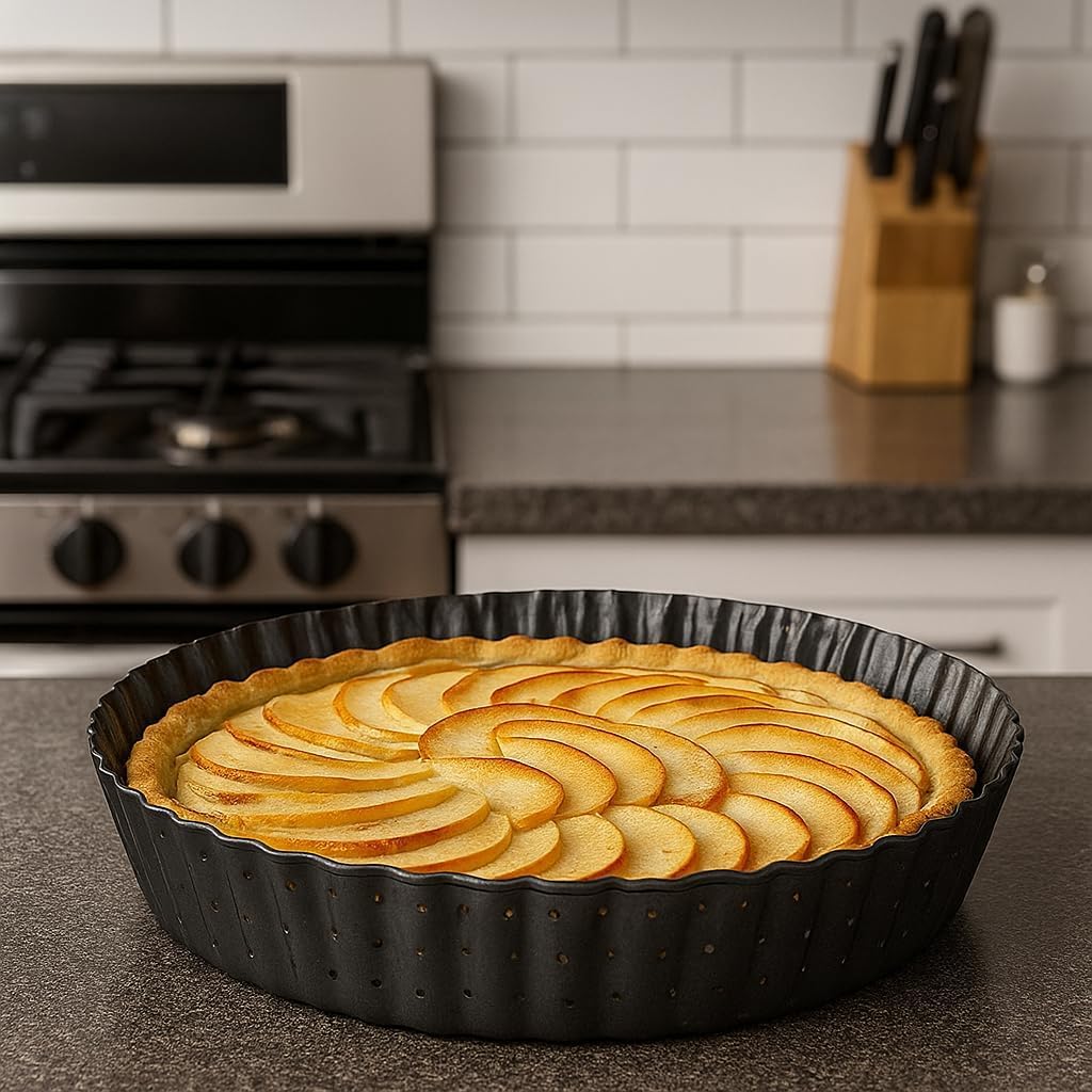 Set of 3 Deep Dish Pie Pan with Removable Bottom - Fluted Carbon Steel Tart Pan for Quiche Lorraine & Pies - Crispy