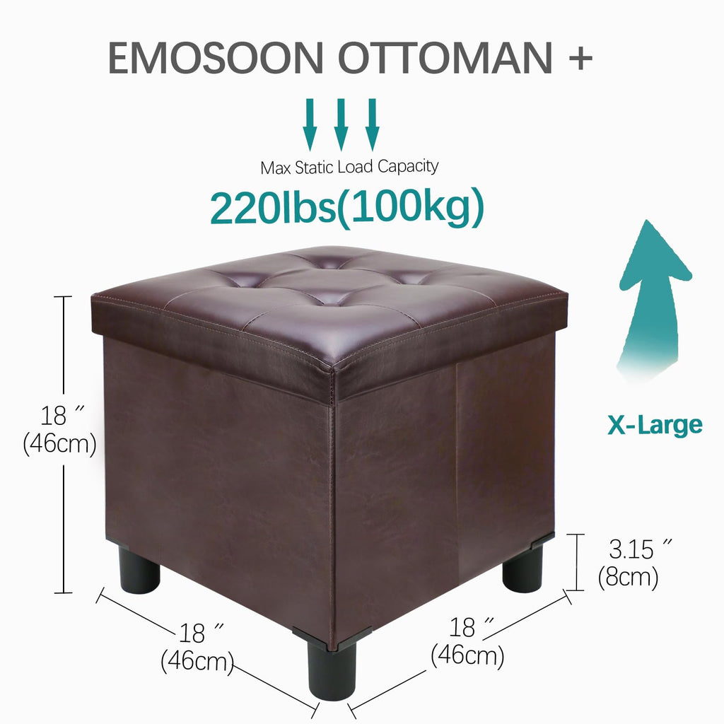 18 Inches Cube Storage Ottoman, Faux Leather Collapsible Square Folding Ottoman Furniture with Storage Bedroom, Foot