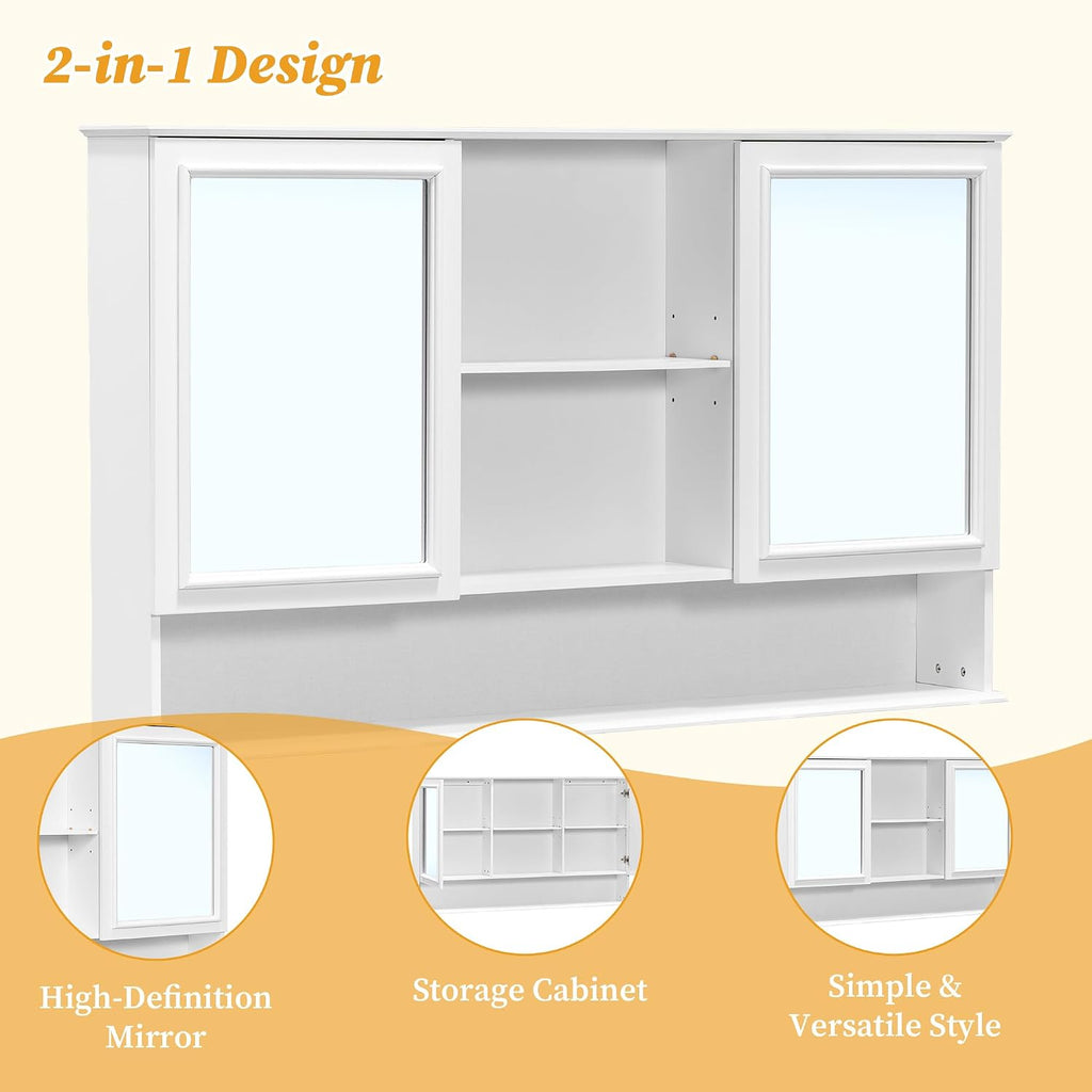 60" Wall-Mounted Bathroom Medicine Cabinet with Double Mirrored Doors, 2-in-1 Mirror & Storage Design Cabinet with