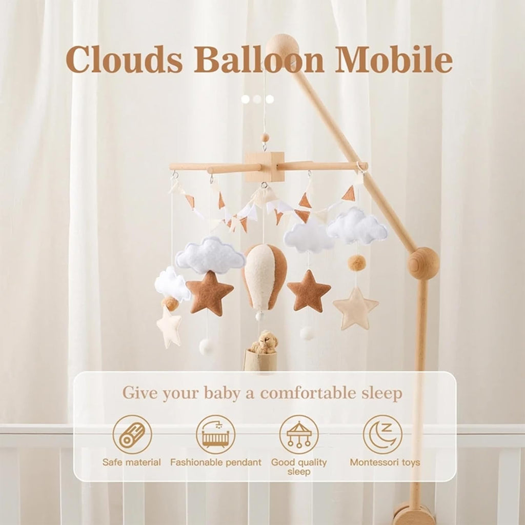 Wooden Bed Bell Crib Mobile with Music Box - Soft Felt Cartoon Bear Hanging Rattle Toy Decor, Handcrafted