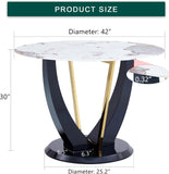 42" Round Dining Table for 4-6, Modern Faux Marble Kitchen Tabletop with Black Wood Pedestal and Gold Metal Frame