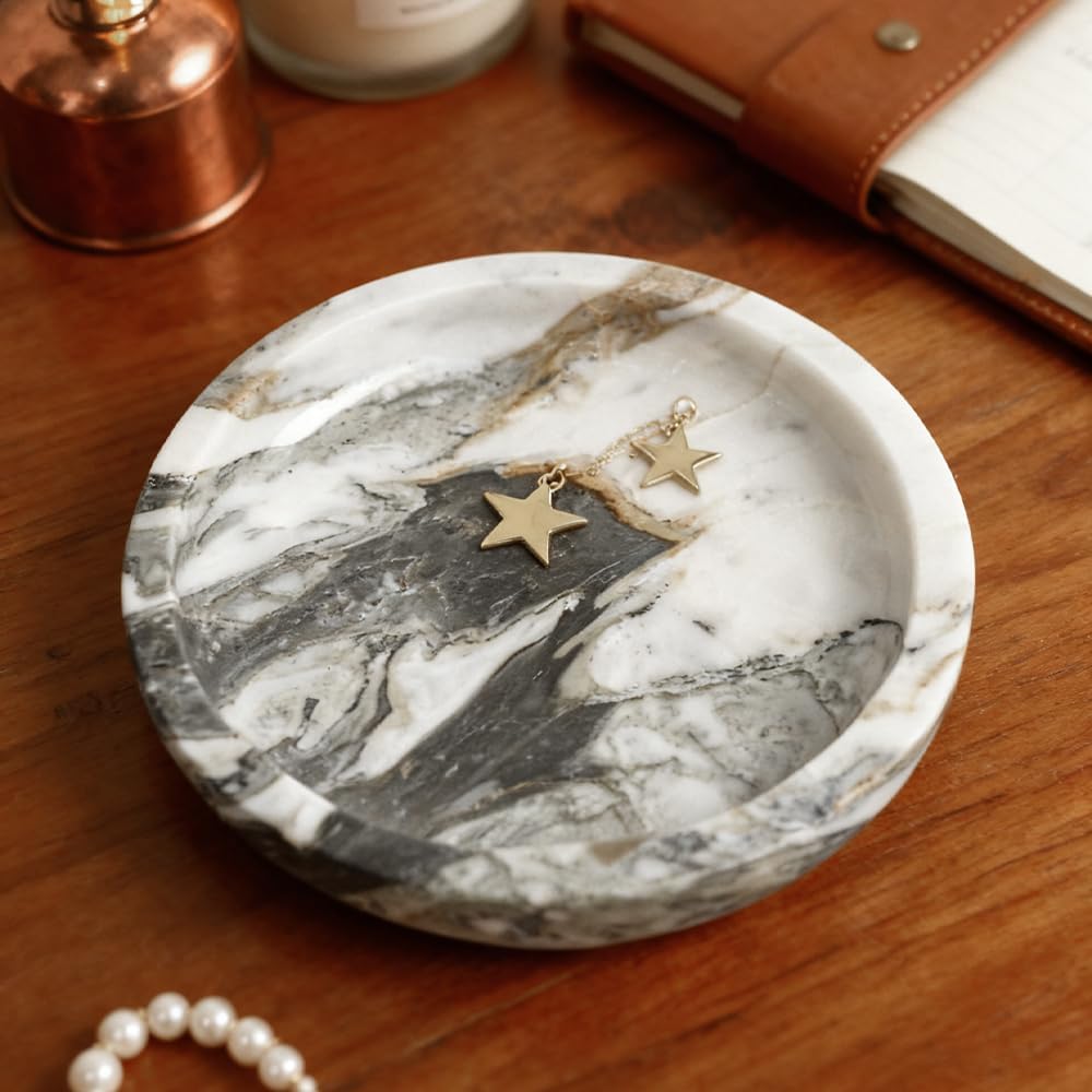 5.5" Marble Jewelry Tray for Vanity, Trinket Dish for Rings Earrings Necklace Keys, Natural Marble Decorative Tray