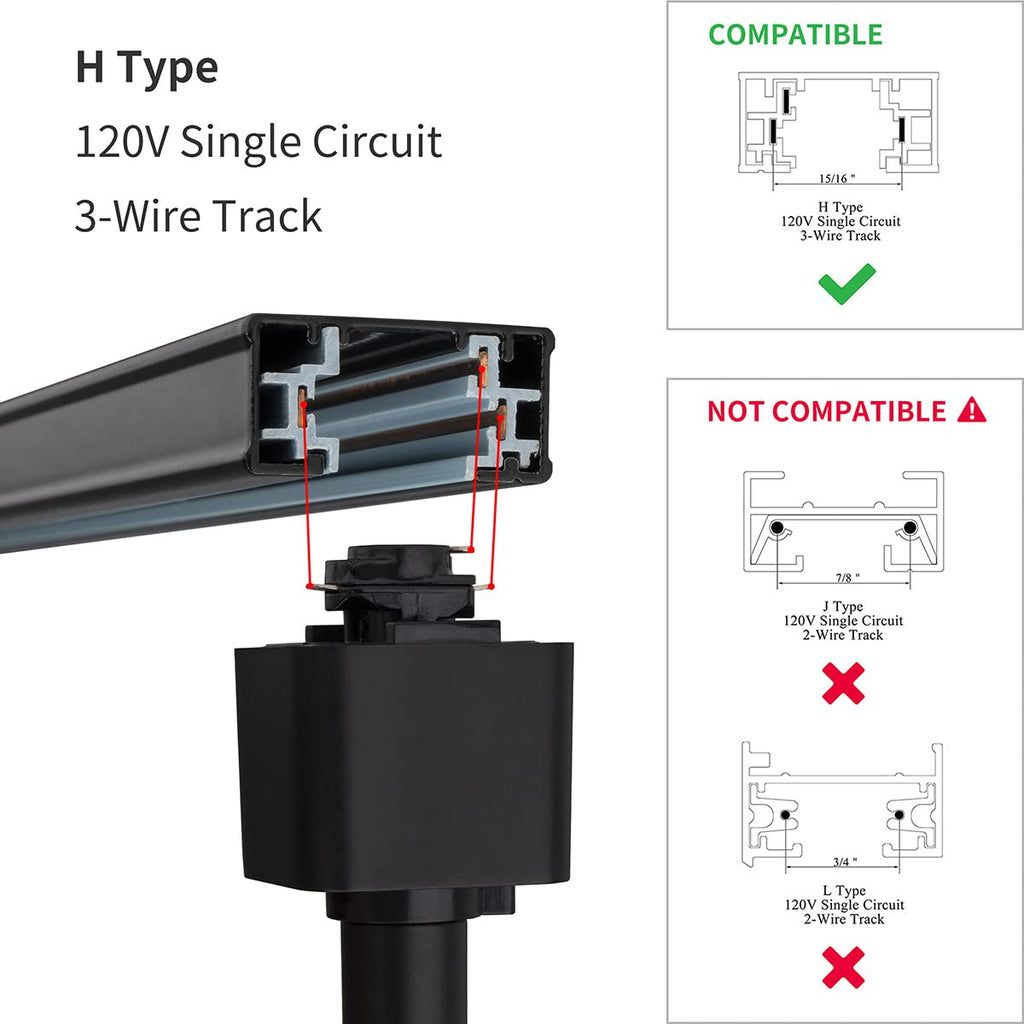 H Type Track Lighting Head to E26 Medium Screw Base Adapter Light Direction Adjustable Pack of 6 (Black)