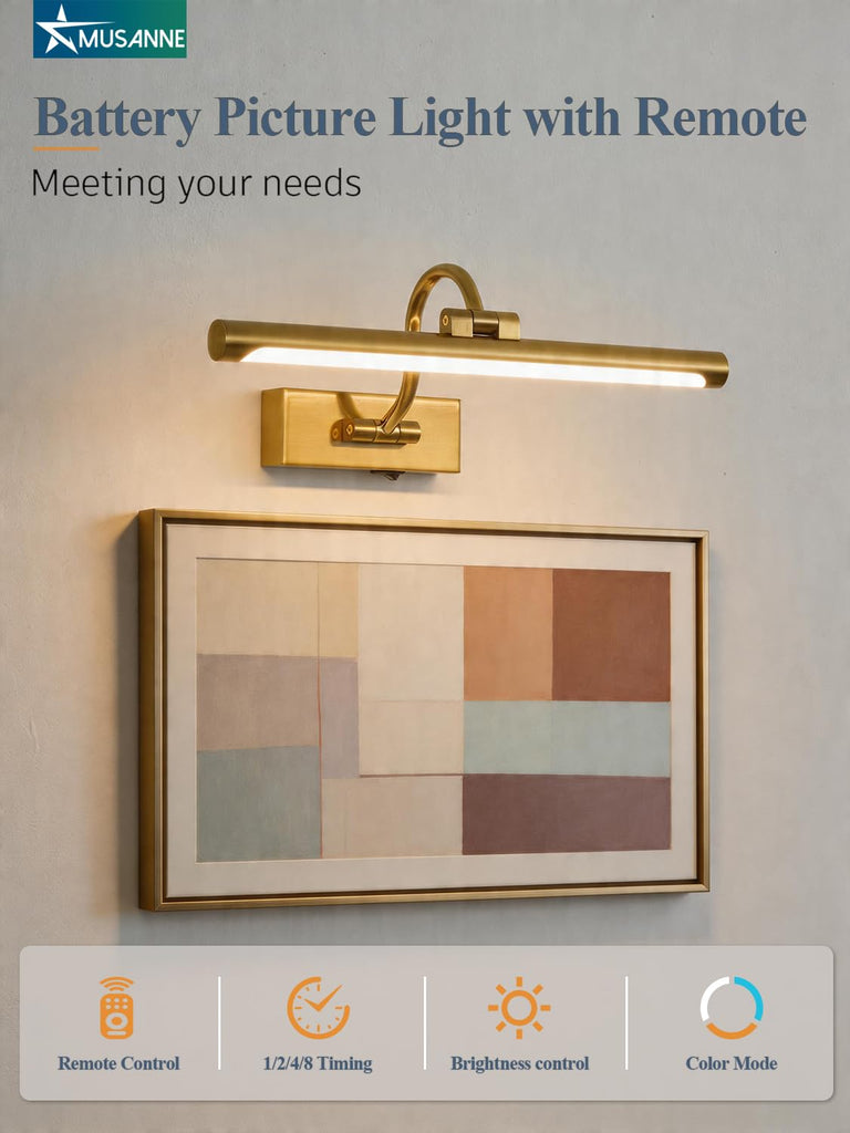 Wireless Rechargeable Picture Light for Wall, 16 Inch Battery Operated Art Lighting with Remote, 3CCT Dimmable &