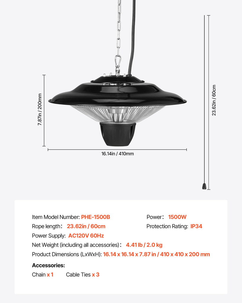 Hanging Patio Heater, 1500W Electric Space Infrared Heater, IP34 Protection with 23.6 inch Pull Cord & Adjustable
