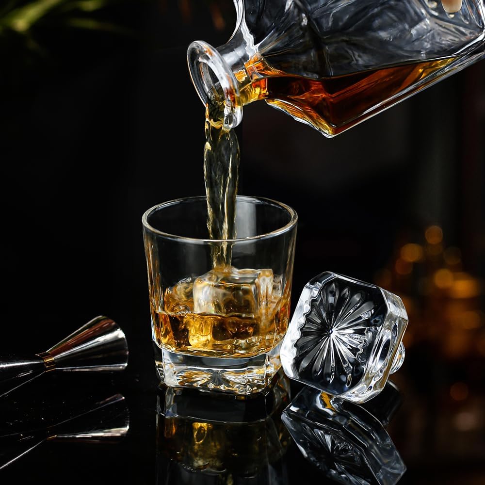 Square 25Oz Whiskey Liquor Decanter Set With 2 Glasses in Box - Set of 3