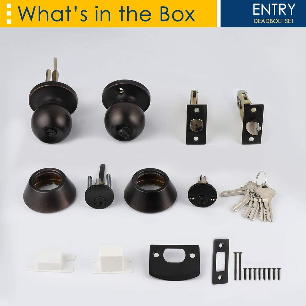2 Pack Exterior Door Knob and Deadbolt Set, Oil Rubbed Bronze Entry Door Lock Sets with Double Cylinder Deadbolt