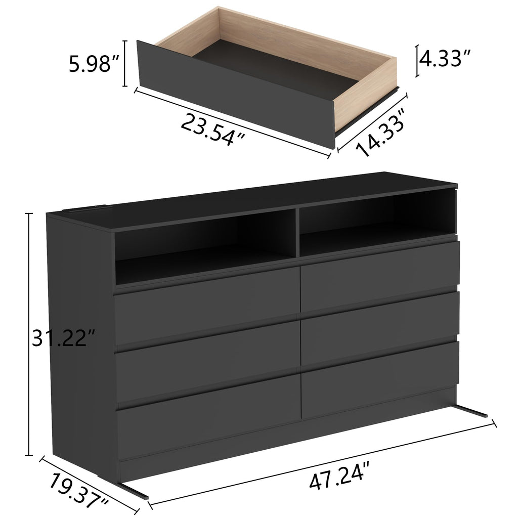 6 Drawers Double Black Dresser with Power Outlet & LED Light
