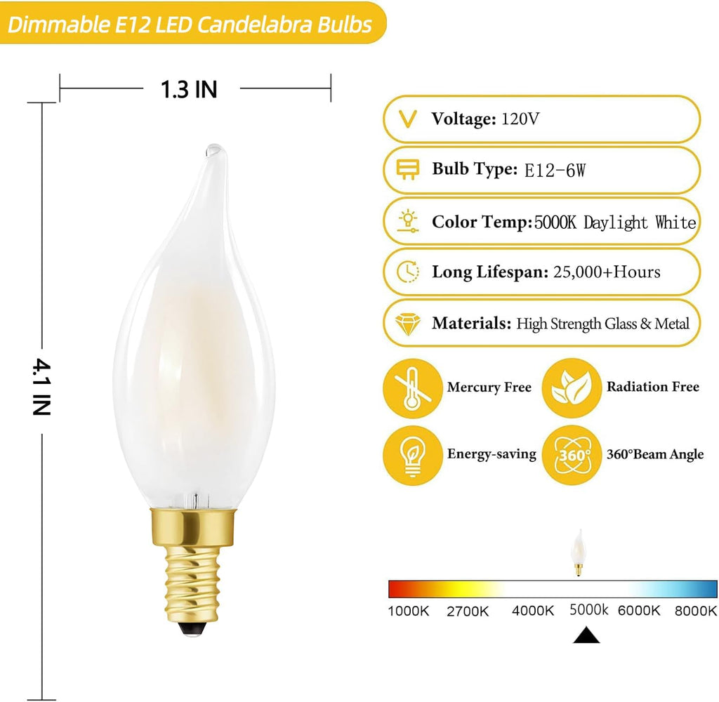 E12 Frosted LED Candelabra Candle Bulb 60W Dimmable 5000K LED Bulb