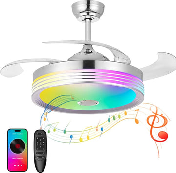 42 inch Retractable Ceiling Fan with Lights and Remote Control, 6Speed Dimmable Fandelier, RGB Modern Smart Ceiling