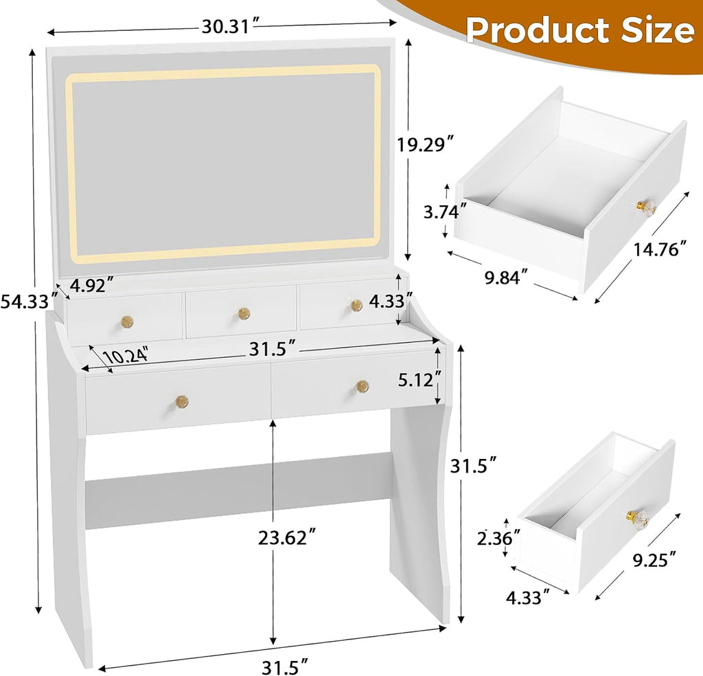Vanity Desk with LED Lights Mirror & Power Outlet, Small Makeup Vanity Table Set with 5 Storage Drawers, 3 Lighting