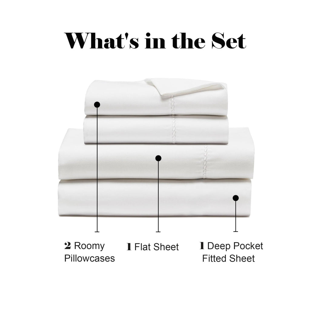 Cotton Blend 600 TC Embroidered Hem Bed Sheets, White