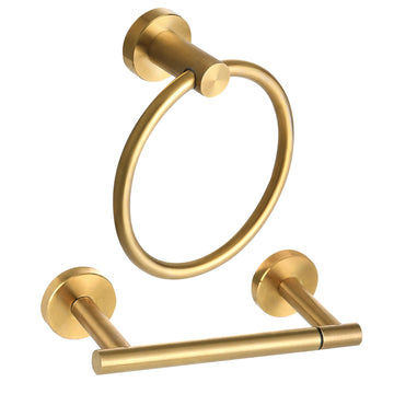 Brushed Gold Toilet Paper Holder Set, Stainless Steel Towel Ring, Double Post Pivoting Toilet Paper Holder and Hand