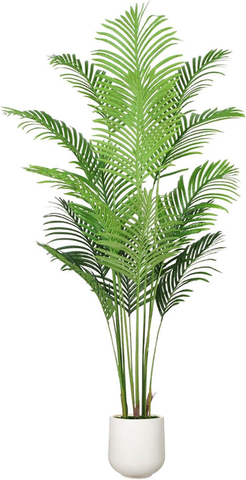 Artificial Palm Tree 6FT with White Planter, Realistic Faux Tropical Plant with Lifelike Green Leaves, Indoor