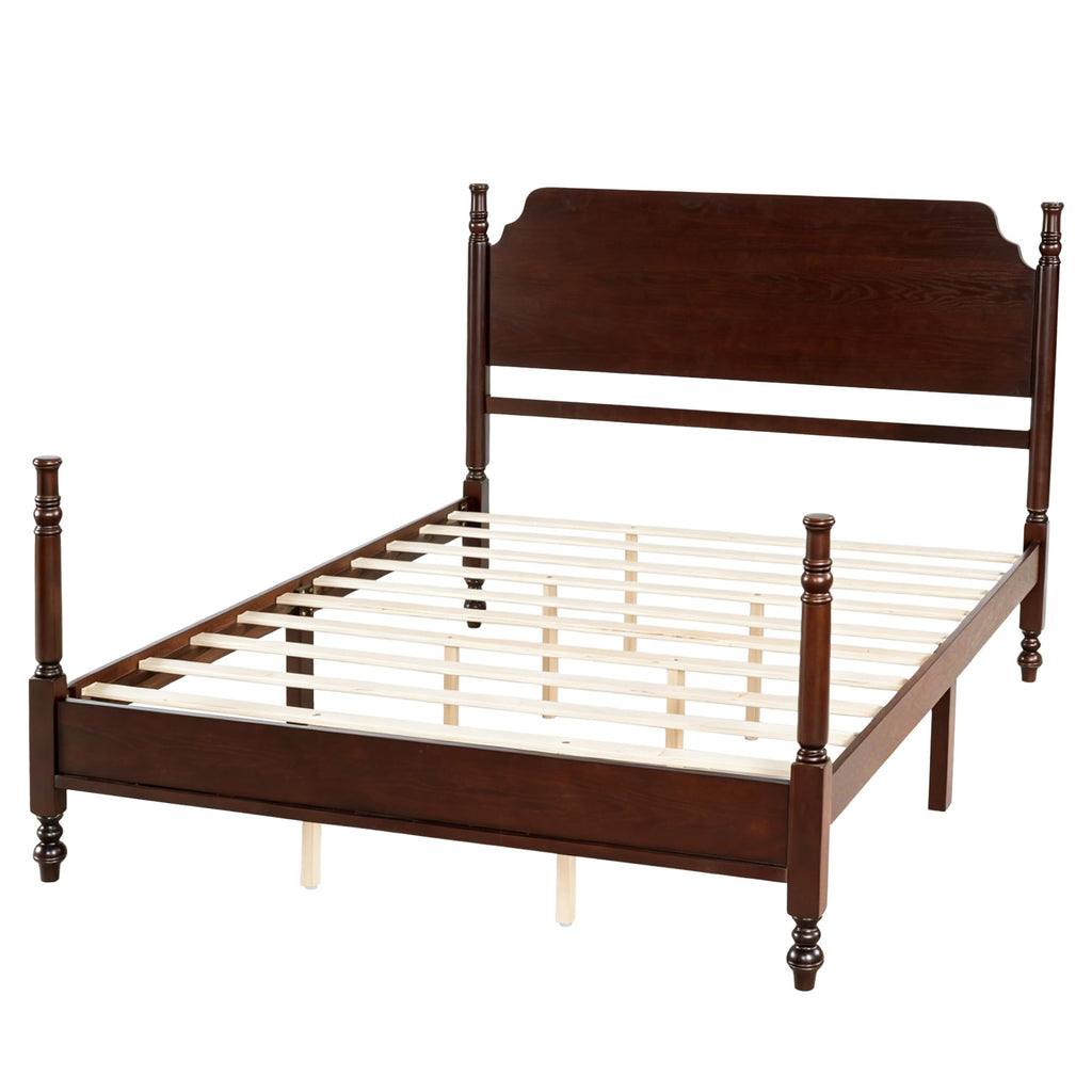 Spindle Platform Bed with Headboard, Dark Walnut