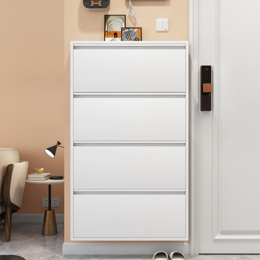 Shoe Cabinet with 4 Flip Drawers, Metal Wall Shoe Storage Cabinet, Slim Shoe Cabinet, White