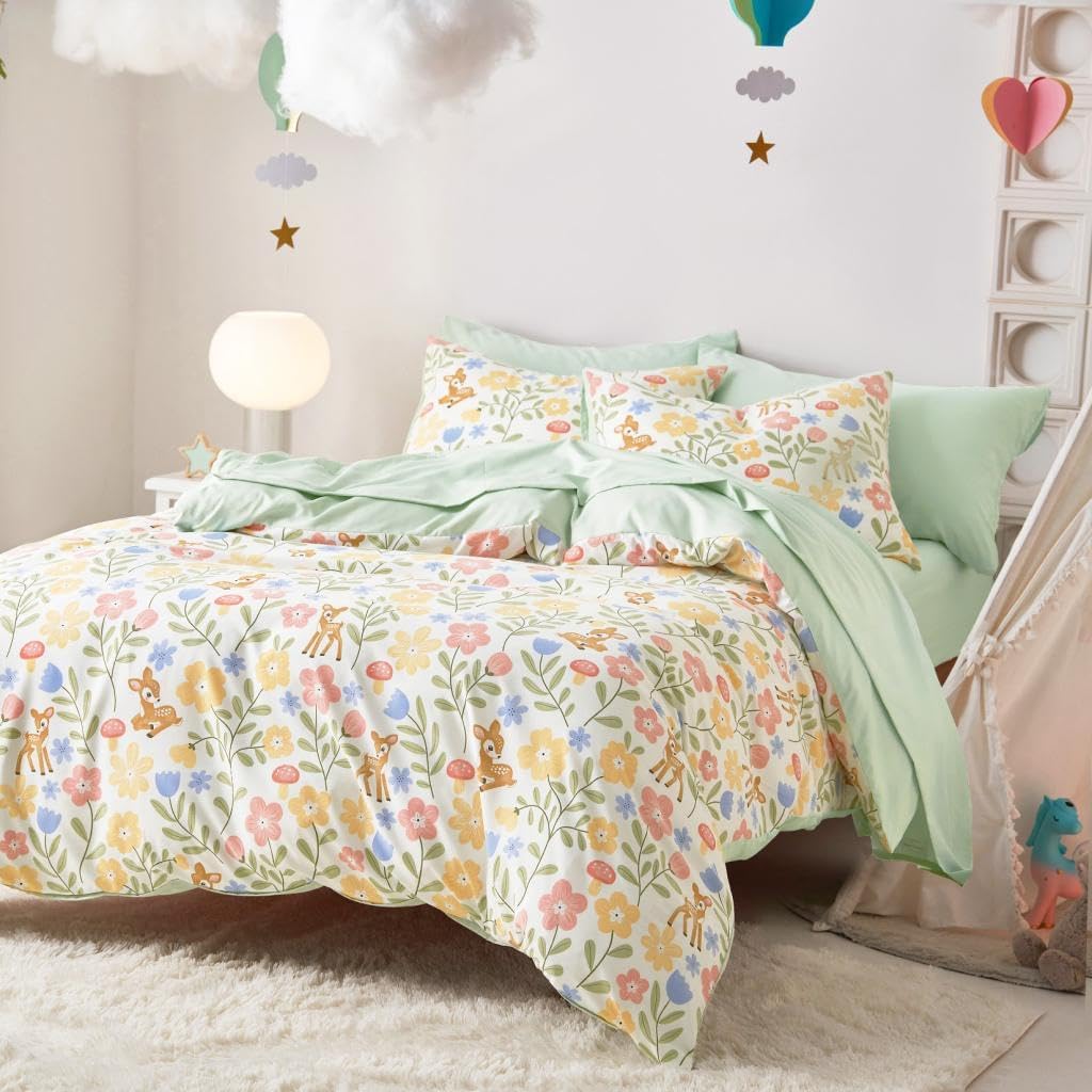 Floral Bedding Set for Girls, Cute Colorful Botanical Flowers Deers Patterned Soft Lightweight Comforter Set with