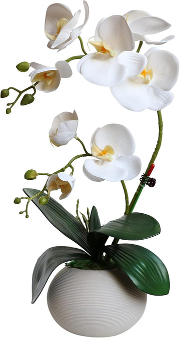 Tall 17" White Real Touch Orchid Artificial Flowers with Vase Fake Orchids Silk Floral Decor Indoor Bathroom