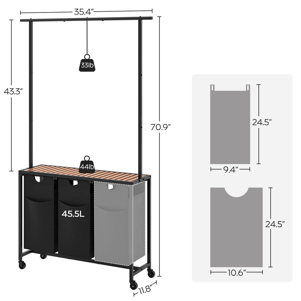 Laundry Sorter 3 Section, Rolling Laundry Hamper with Hanging Rack, Laundry Sorter with Wheels, Hampers for Laundry