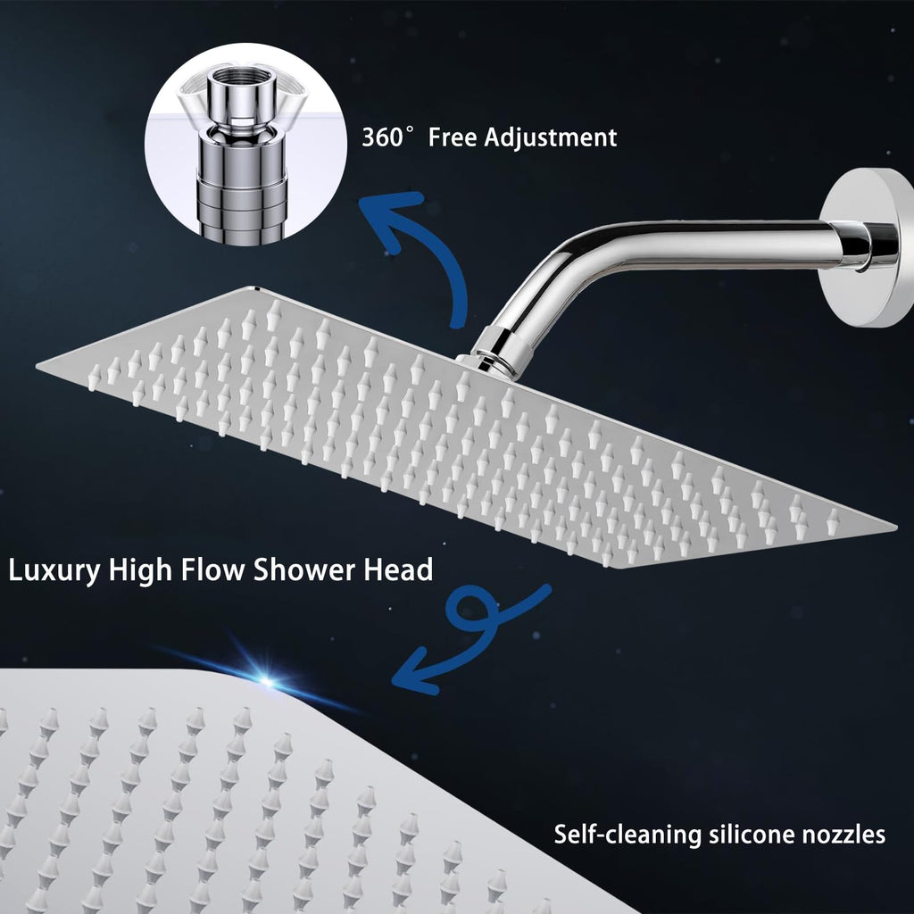Extra Large Rain Shower Head, High Flow Stainless Steel 16 * 12 Inch Rectangle Rainfall Shower, Waterfall Bath Shower
