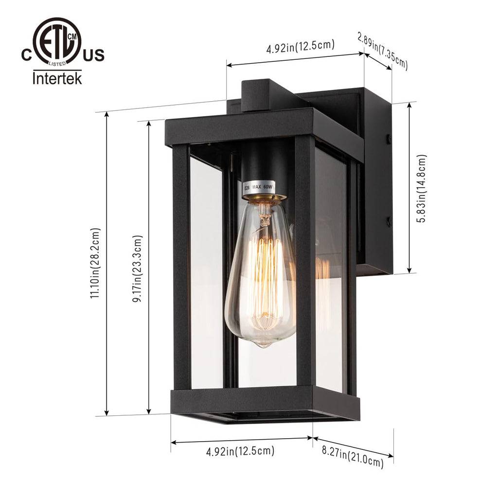11" Classic Outdoor Wall Sconce with Built-in GFCI Outlet 1 Light in Matte Black Rectangular Metal Frame and Clear