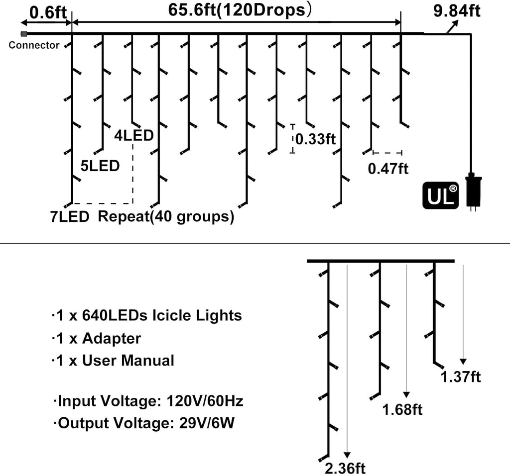 Icicle Lights for Outside Christmas Lights Outdoor 66ft 640 LEDs Warm White