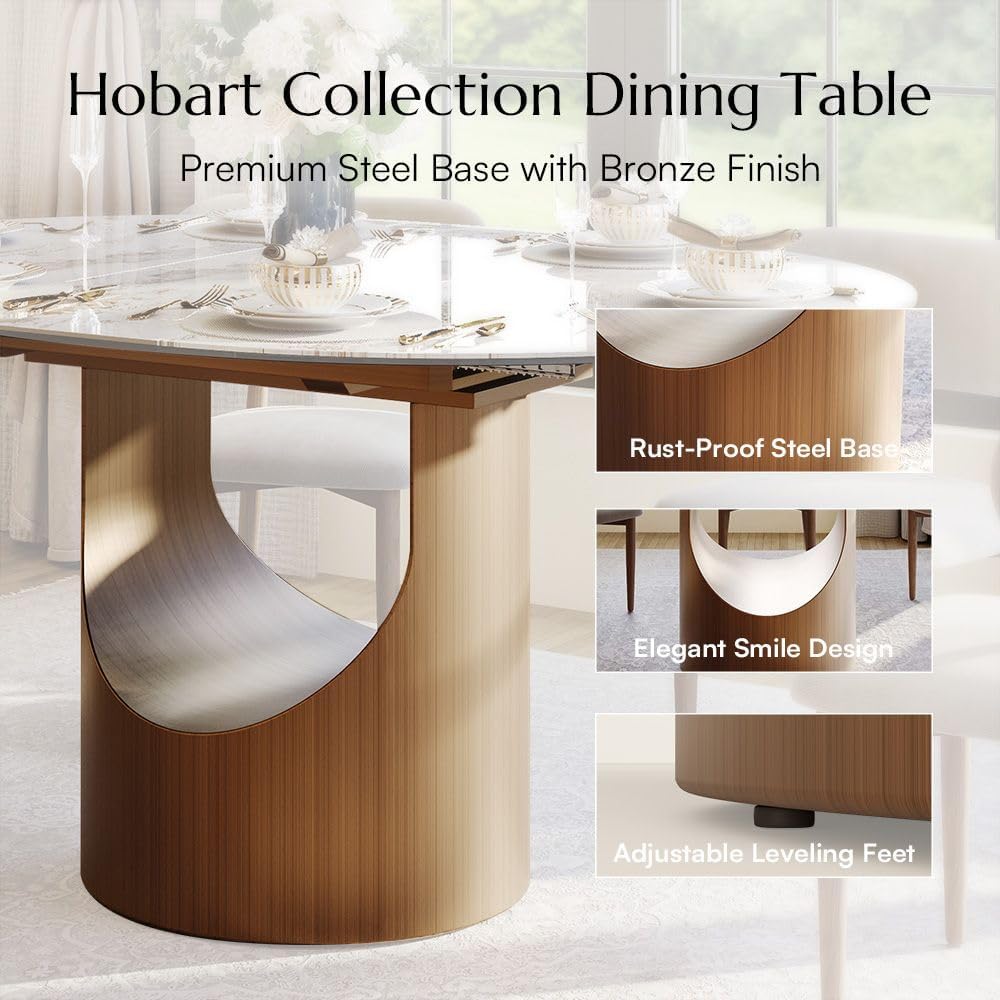 Modern Extendable Dining Table for 4-6, 47" to 63" Round to Oval Sintered Stone Kitchen Table with Carbon Steel Base