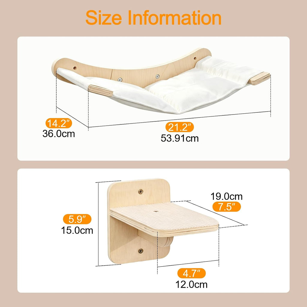 Wall-Mounted Cat Hammock with 2 Wooden Perching Steps-a Suspended Solid Wood wall-Mounted cat Shelf Set Suitable