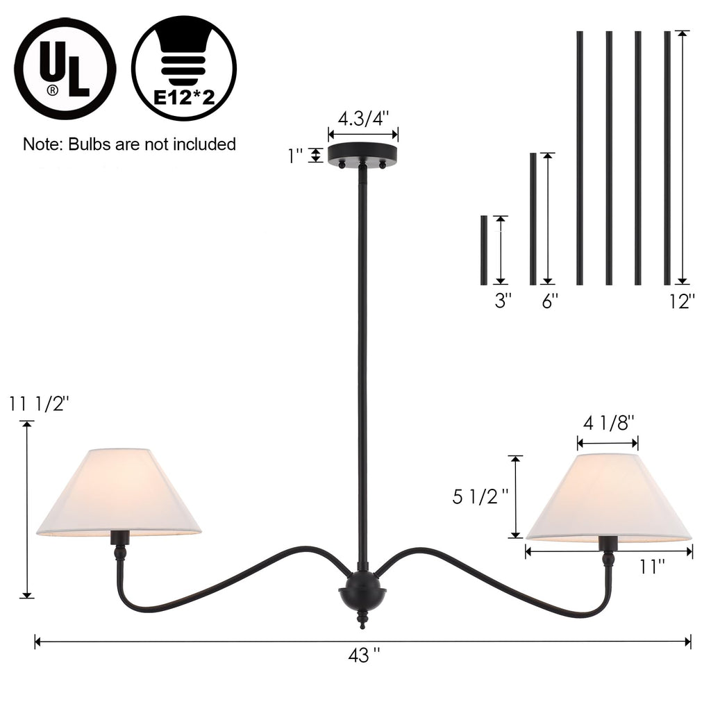 Modern Linear Chandelier Island, 2-Light Linear Light Fixture with Off-White Fabric Shade, Rustic Pendant Light