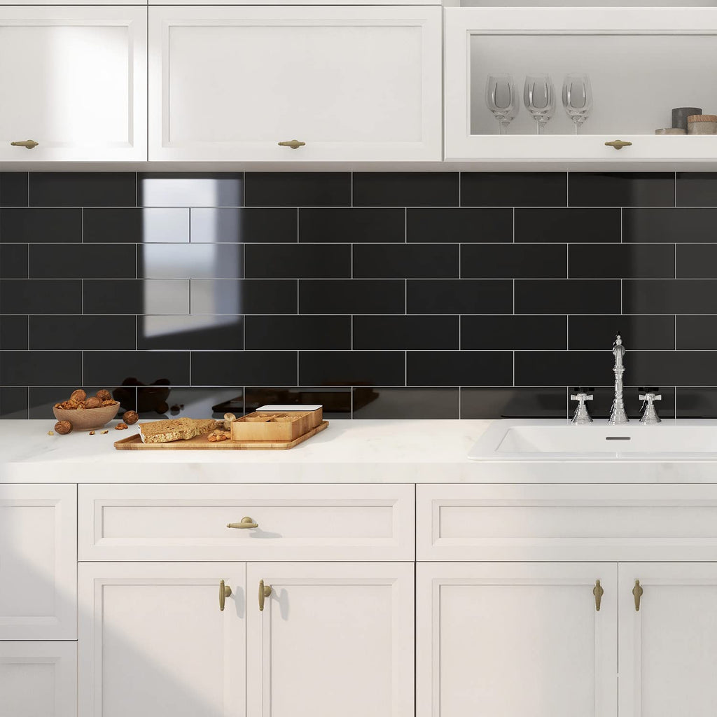 Black Glass Subway Tile, Glass Kitchen Shower Backsplash Wall, 4 x 12 Inches, 4 Sq.Ft.