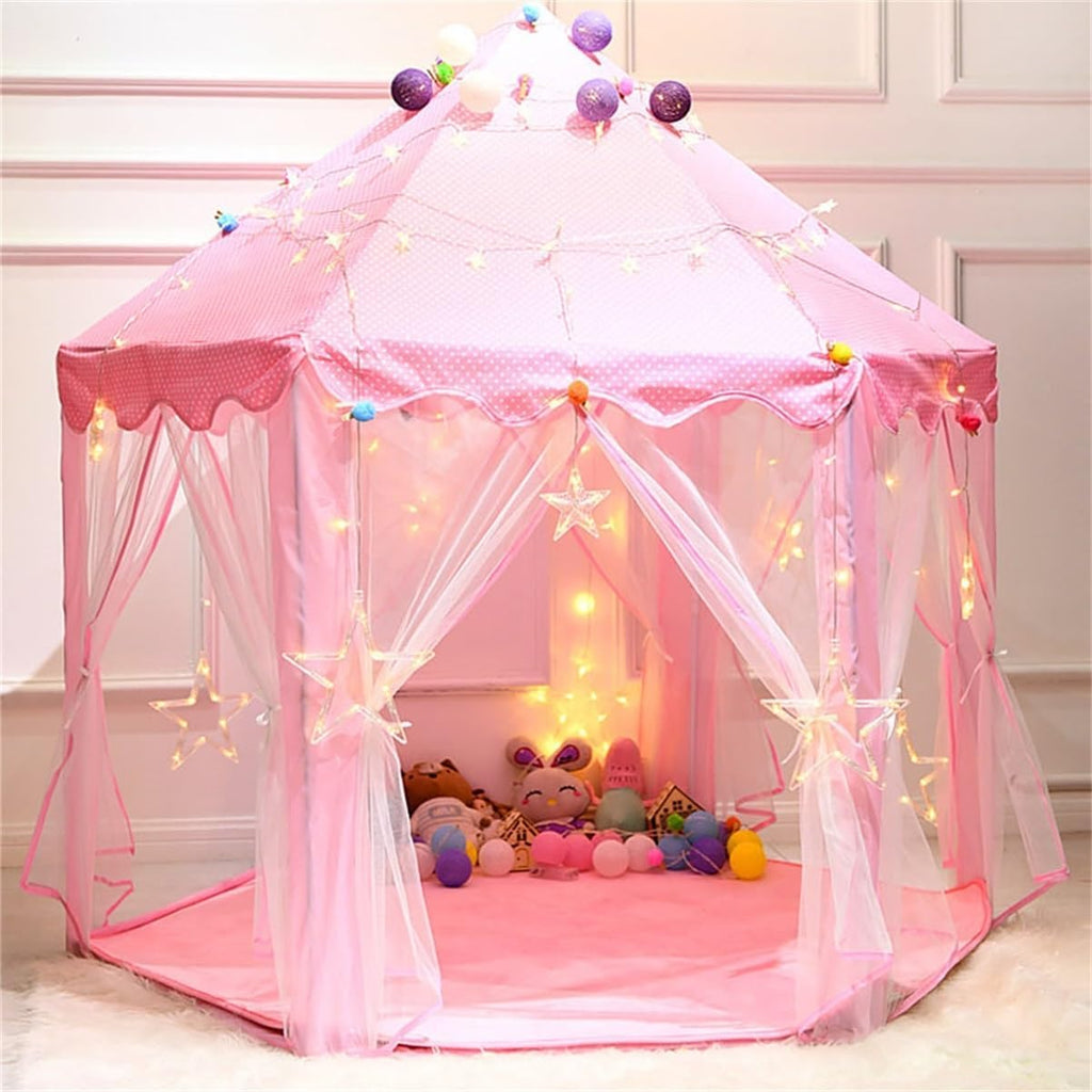 Kids Hexagonal Princess Tent with Bunting, Indoor Castle Playhouse for Girls, Large Spacious Kids Hideaway Tent