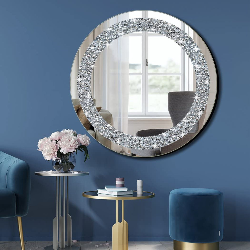 Crystal Crush Diamond Sparkly Round Silver Mirror for Wall Decoration 20x20x1 inch Wall Hang Frameless Bling Stylish